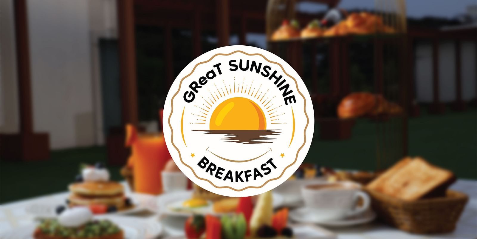 Logo of GReaT Sunshine Breakfast with a background of food placed on a table
